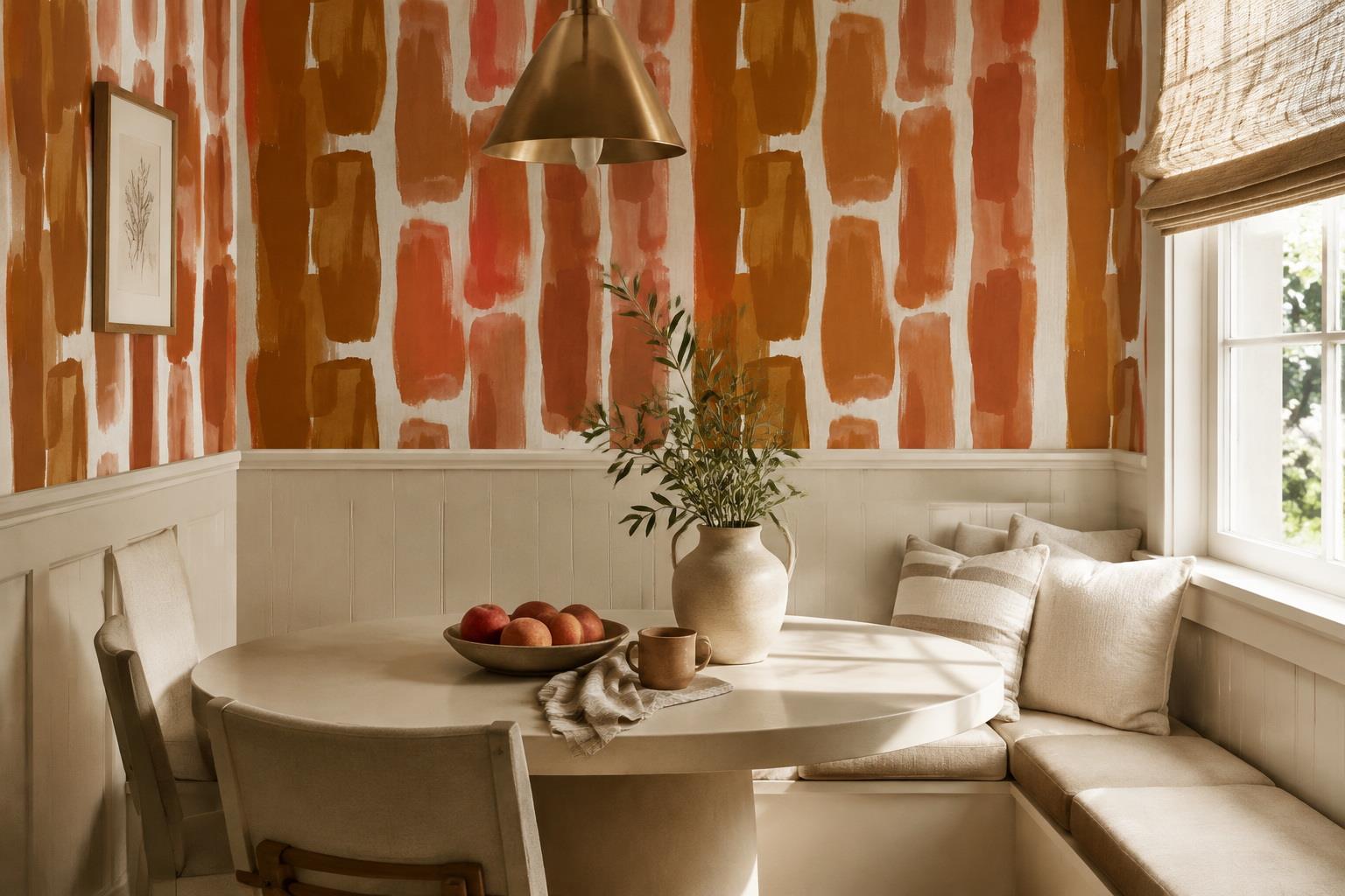 Tan And Neutral Abstract Forms Atmospheric Expressive Wallpaper Mural Dining-room-wallpaper-murals, Shown In A Dining Room, Peel-and-stick Finish