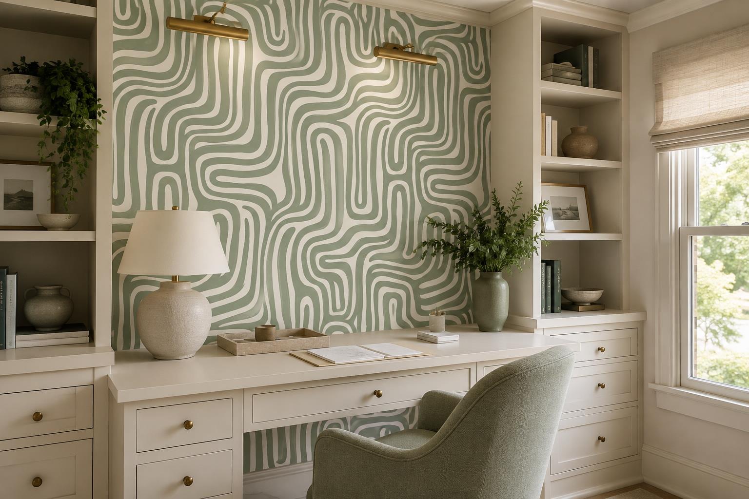Sage Green Meandering Parallel Line Wallpaper Mural — Wallpaper Mural Design, Peel-and-stick Finish