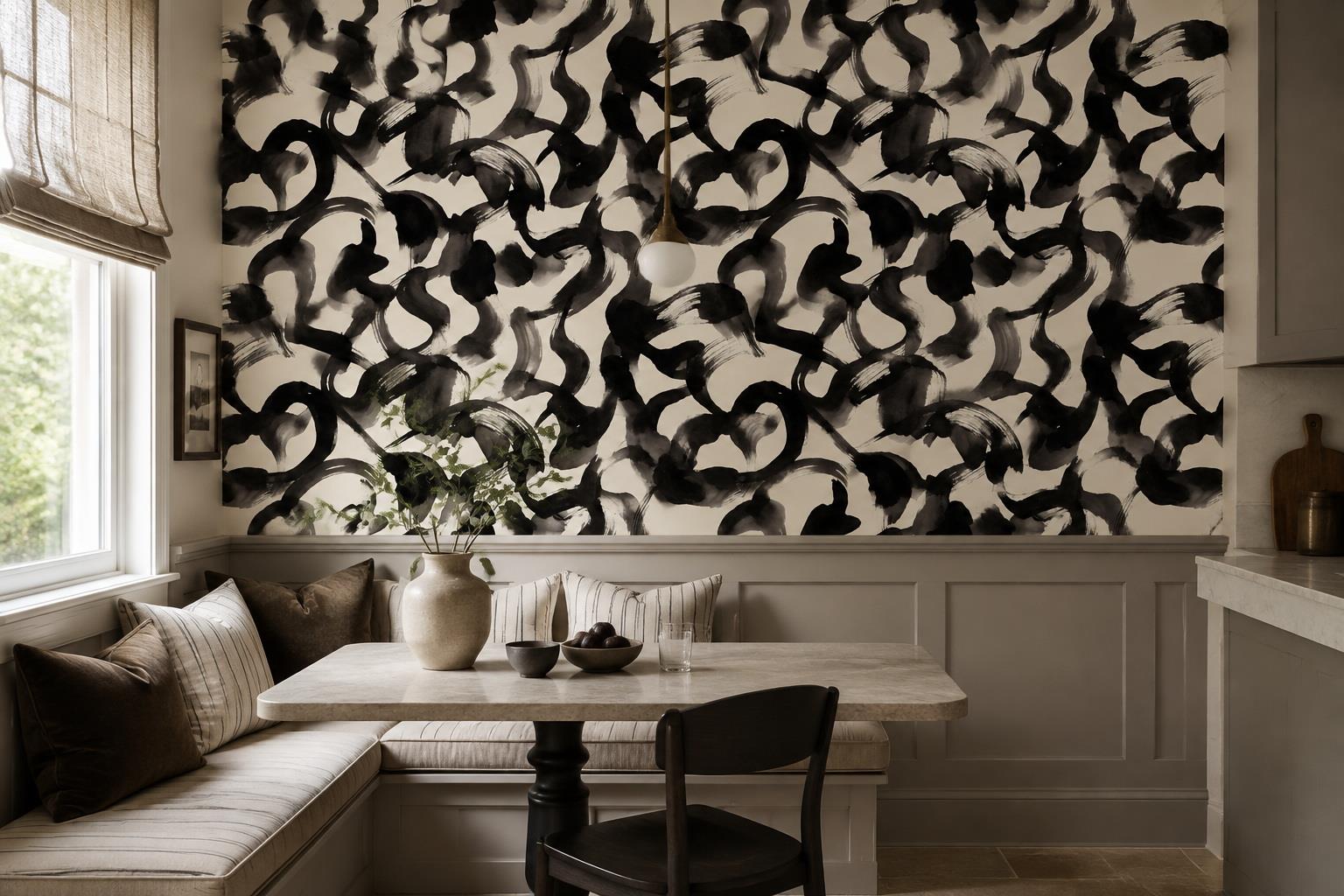 Tan And Neutral Abstract Forms Atmospheric Balanced Wallpaper Mural Dining-room-wallpaper-murals, Shown In A Dining Room, Peel-and-stick Finish