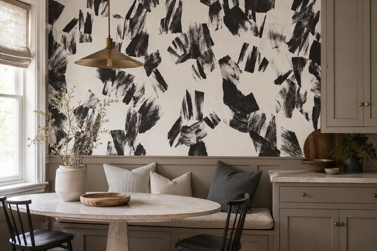 Tan And Neutral Abstract Forms Atmospheric Gentle Wallpaper Mural Dining-room-wallpaper-murals, Shown In A Dining Room, Peel-and-stick Finish