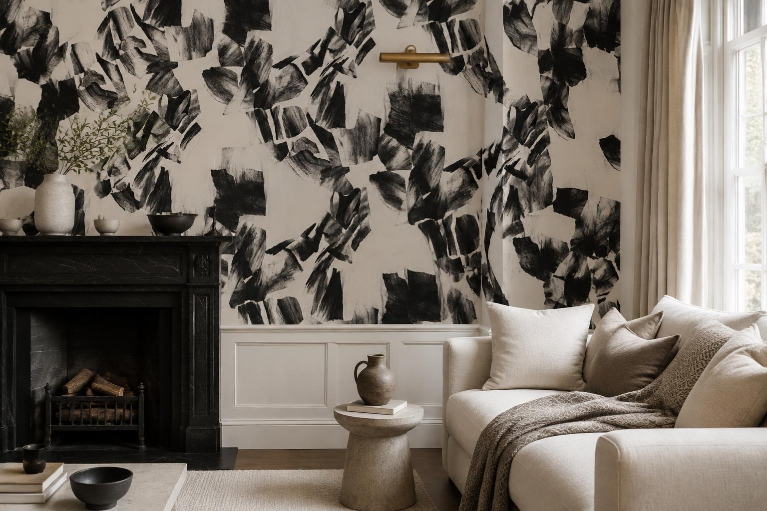 Tan And Neutral Abstract Forms Atmospheric Gentle Wallpaper Mural Living-room-wallpaper-murals, Shown In A Living Room, Peel-and-stick Finish