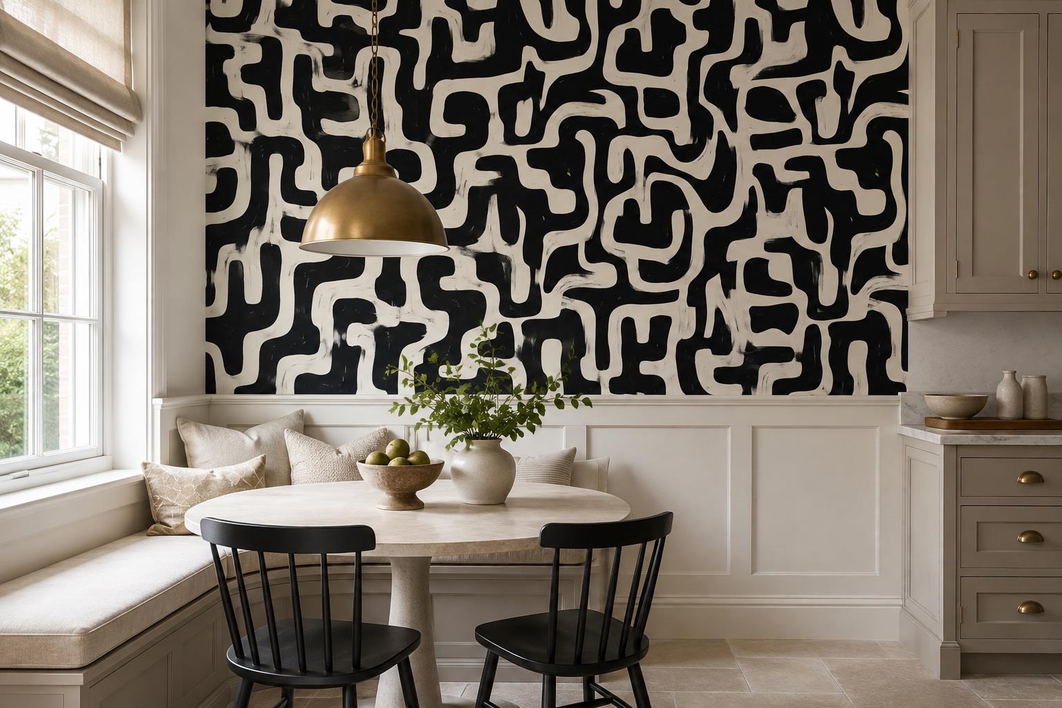 Tan And Neutral Abstract Forms Atmospheric Bold Wallpaper Mural Dining-room-wallpaper-murals, Shown In A Dining Room, Peel-and-stick Finish