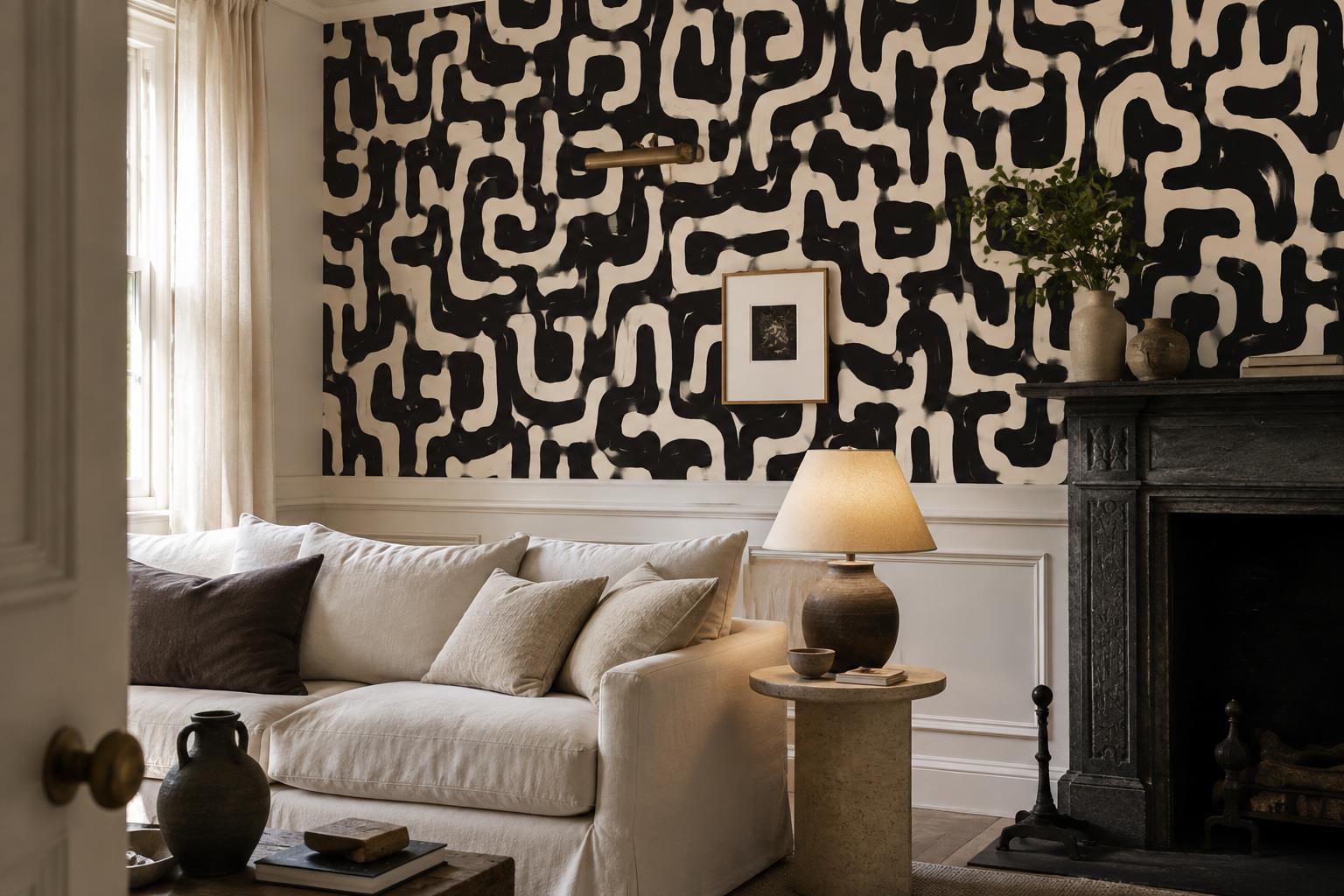 Tan And Neutral Abstract Forms Atmospheric Bold Wallpaper Mural Living-room-wallpaper-murals, Shown In A Living Room, Peel-and-stick Finish