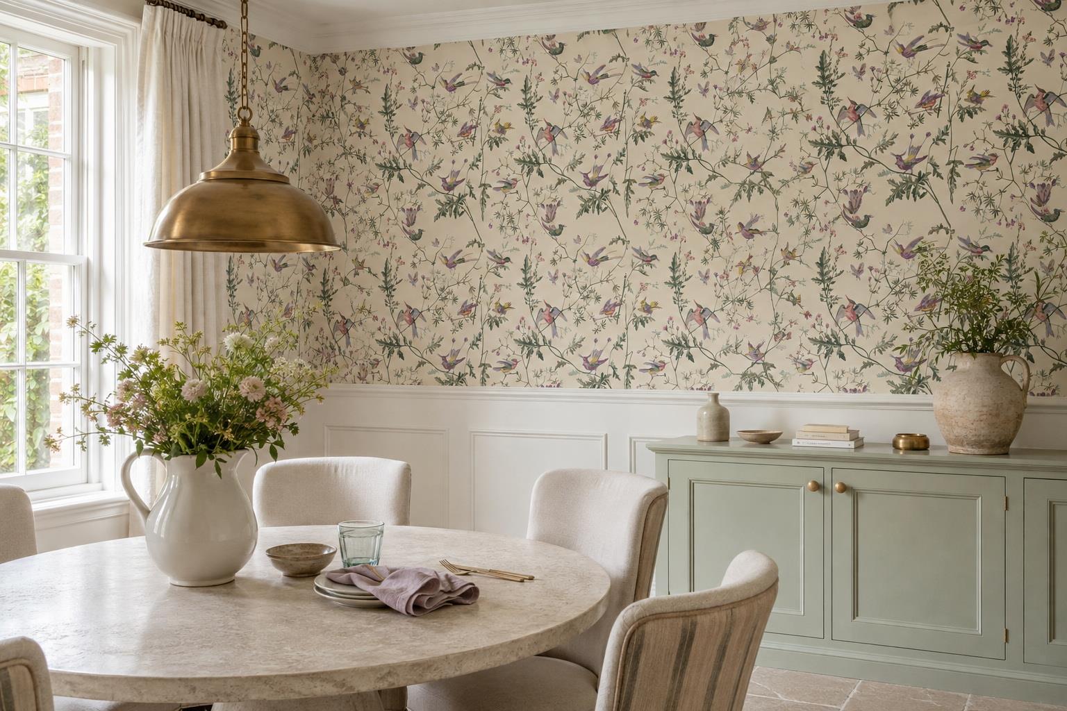 Pastel Birds And Wildflower Branches Wallpaper Mural — Wallpaper Mural Design, Peel-and-stick Finish