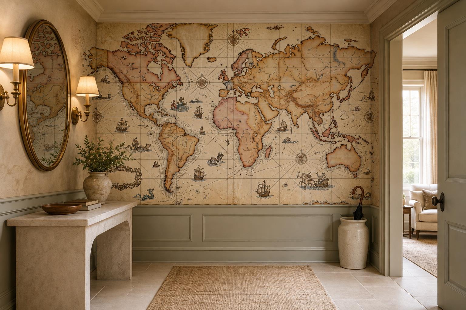Tan And Neutral Abstract Forms Illustrated Painterly Wallpaper Mural Entryway-wallpaper-murals, Peel-and-stick Finish