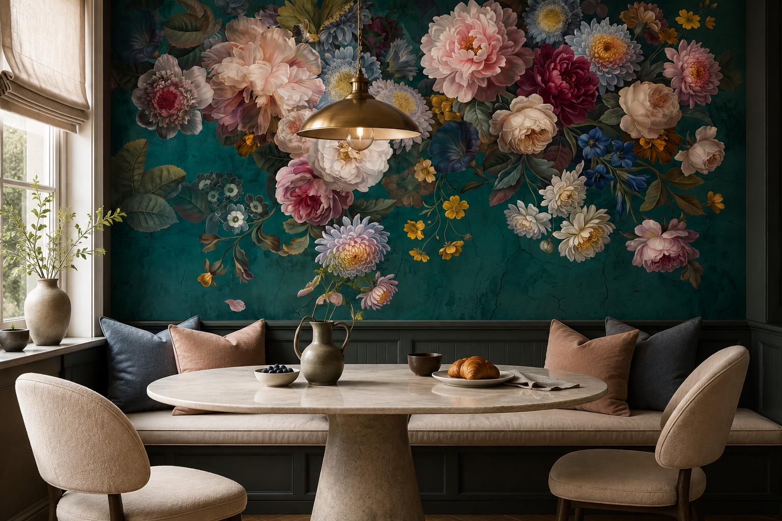 Tan And Neutral Abstract Forms Illustrated Layered Wallpaper Mural Dining-room-wallpaper-murals, Shown In A Dining Room, Peel-and-stick Finish