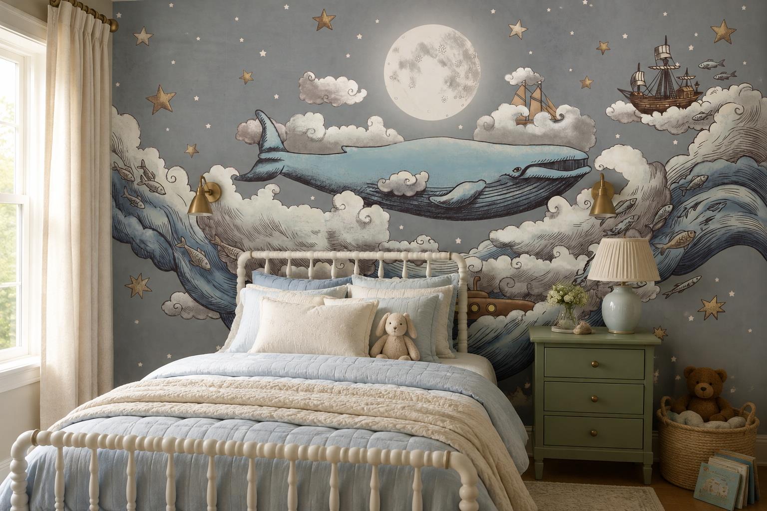 Tan And Neutral Abstract Forms Illustrated Textured Wallpaper Mural Accent-wall-wallpaper-murals, Shown In A Nursery, Peel-and-stick Finish