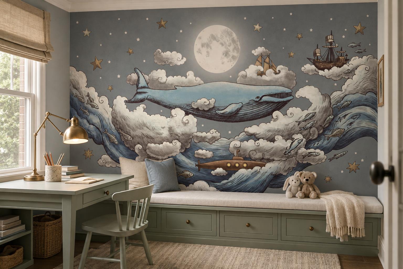 Whale And Moonlit Ocean Nursery Wallpaper Mural — Installed Wallpaper Mural In A Nursery, Peel-and-stick Finish