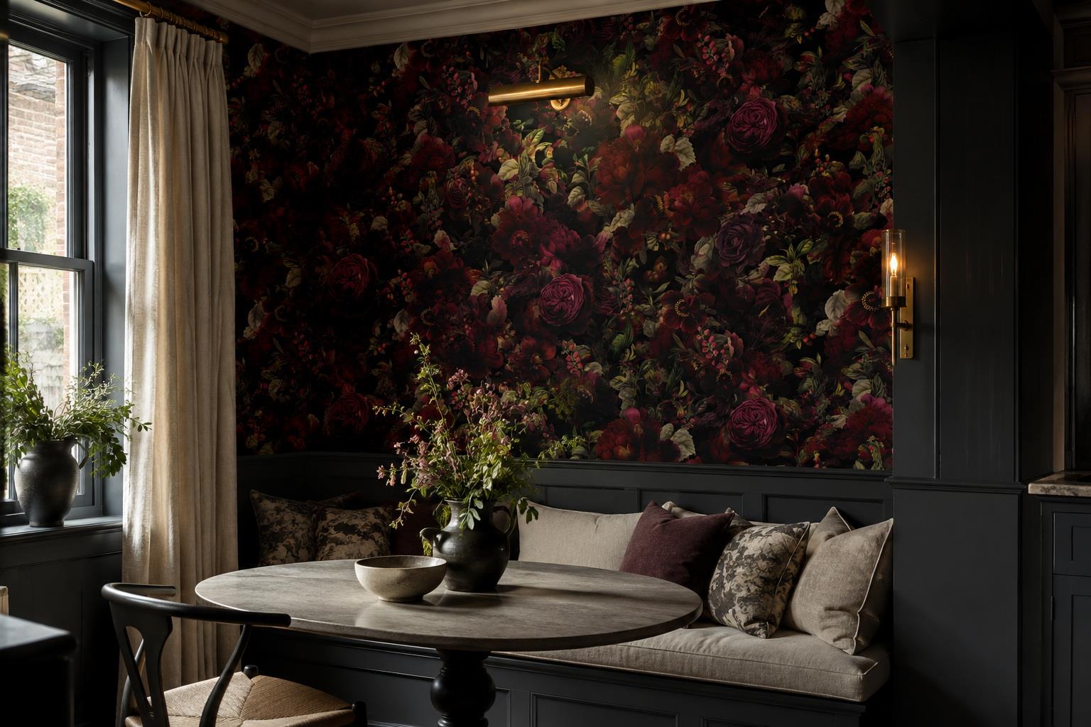 Tan And Neutral Abstract Forms Illustrated Organic Wallpaper Mural Dining-room-wallpaper-murals, Shown In A Dining Room, Peel-and-stick Finish