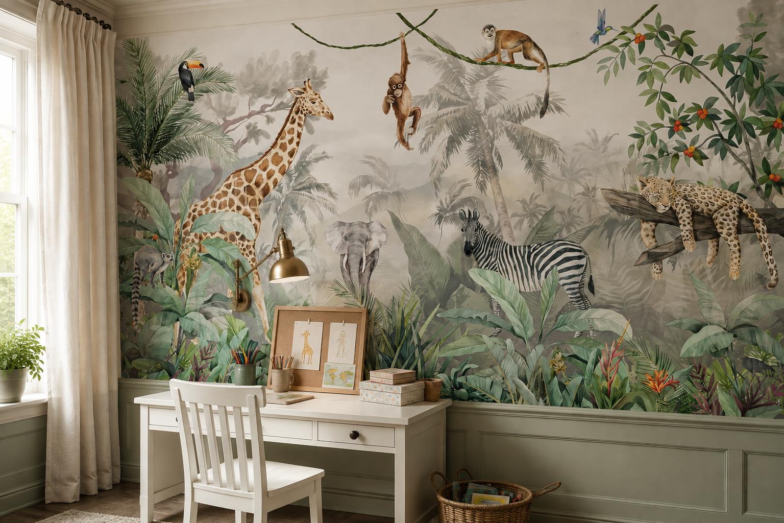 Safari Animals In A Misty Jungle Wallpaper Mural — Wallpaper Mural Design, Peel-and-stick Finish
