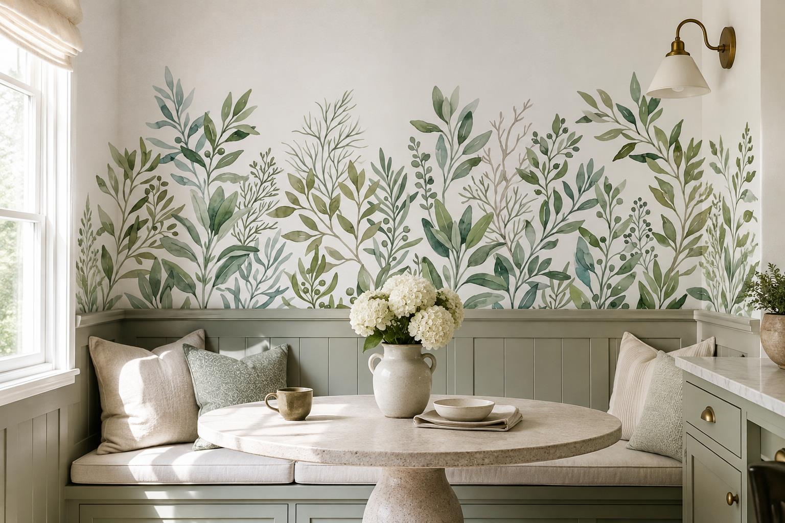 Tan And Neutral Abstract Forms Illustrated Curved Wallpaper Mural Dining-room-wallpaper-murals, Shown In A Dining Room, Peel-and-stick Finish