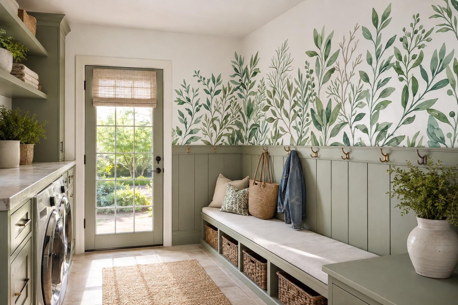 Watercolour Olive Branches And Green Berries Wallpaper Mural — Wallpaper Mural Design, Peel-and-stick Finish