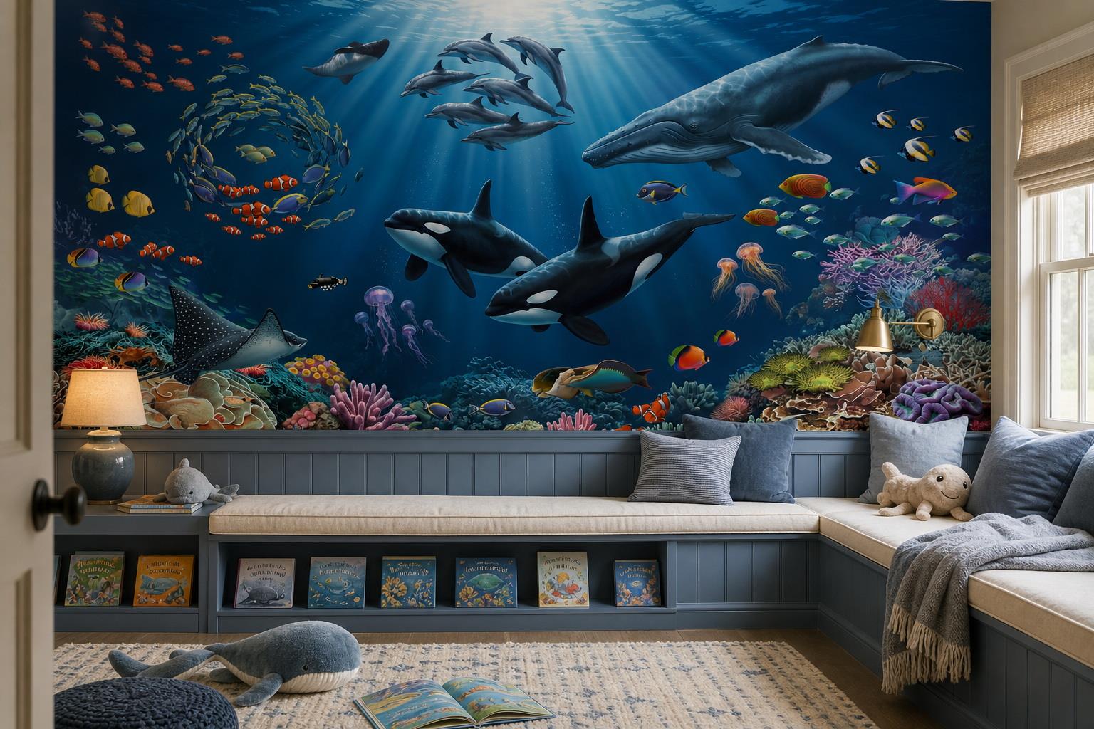 Whales, Dolphins And Coral Reef Wallpaper Mural — Wallpaper Mural Design, Peel-and-stick Finish