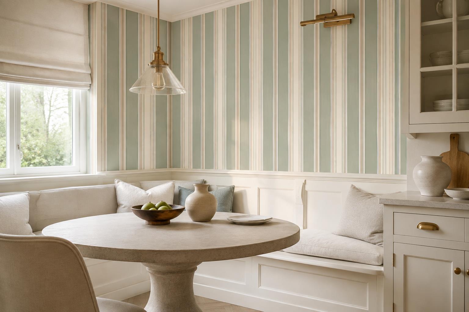 Tan And Red Abstract Forms Painterly Wallpaper Mural Dining-room-wallpaper-murals, Shown In A Dining Room, Peel-and-stick Finish