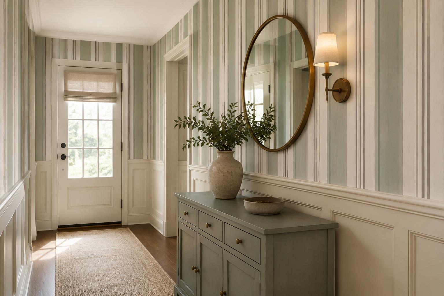 Sage Green And Cream Vertical Stripe Wallpaper Mural — Installed Wallpaper Mural In A Entryway, Peel-and-stick Finish