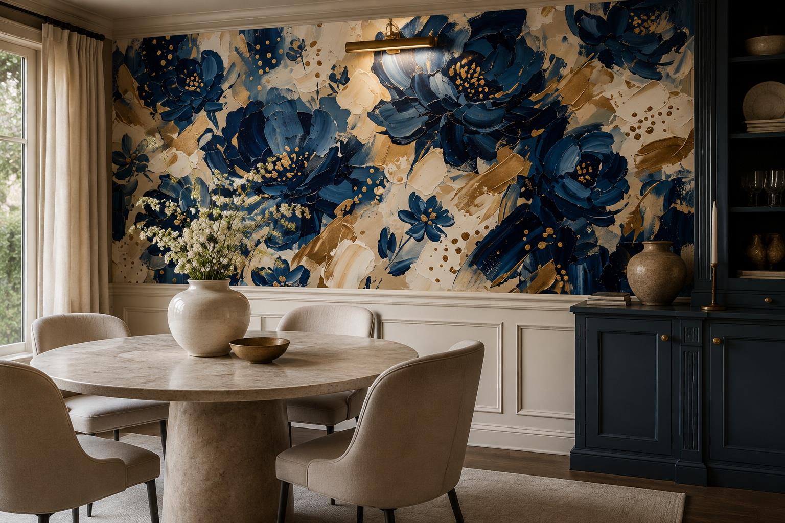Tan And Neutral Abstract Forms Illustrated Surface Wallpaper Mural Dining-room-wallpaper-murals, Shown In A Dining Room, Peel-and-stick Finish