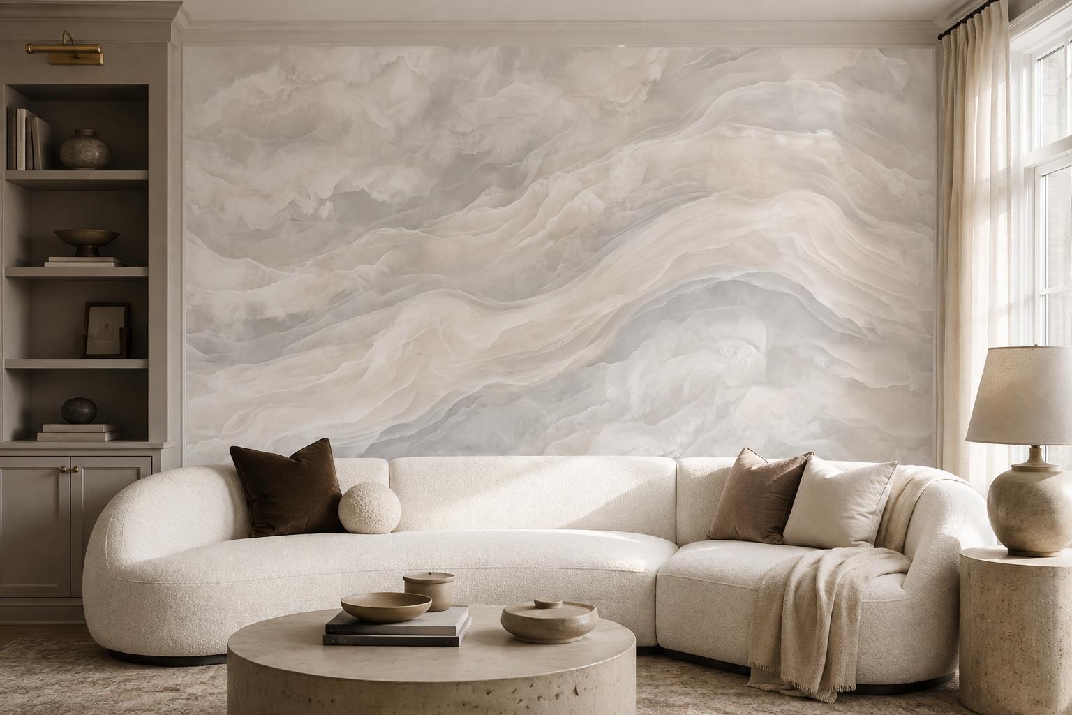 Tan And Neutral Abstract Forms Illustrated Rhythm Wallpaper Mural Living-room-wallpaper-murals, Shown In A Living Room, Peel-and-stick Finish