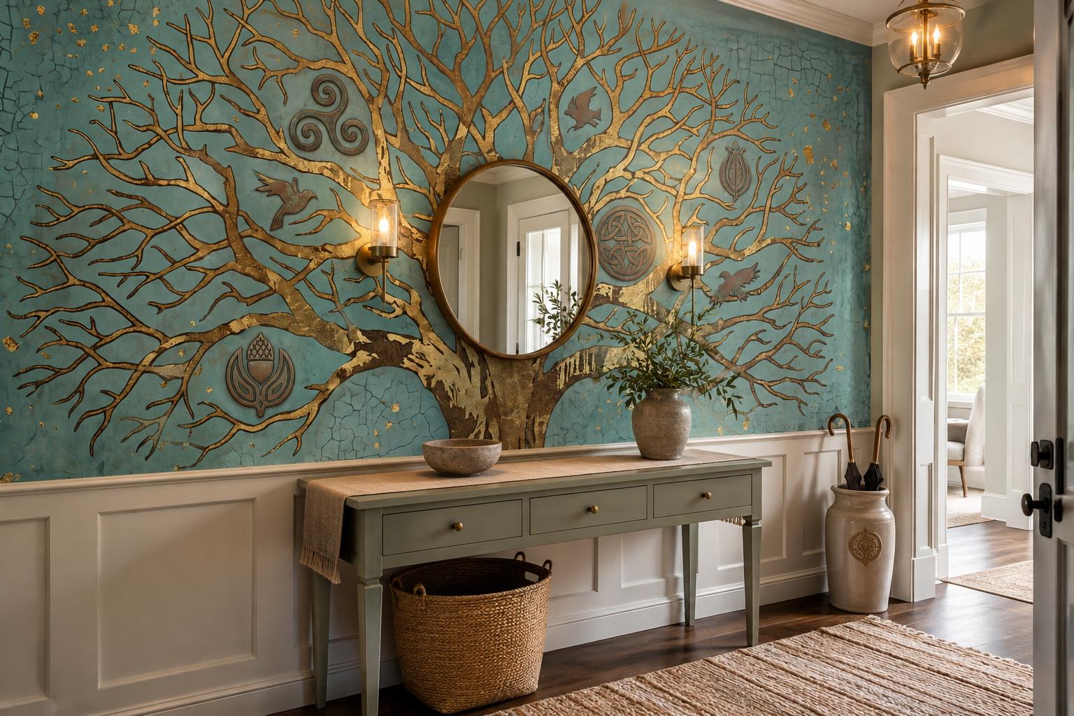 Tan And Neutral Abstract Forms Illustrated Forms Wallpaper Mural Entryway-wallpaper-murals, Peel-and-stick Finish