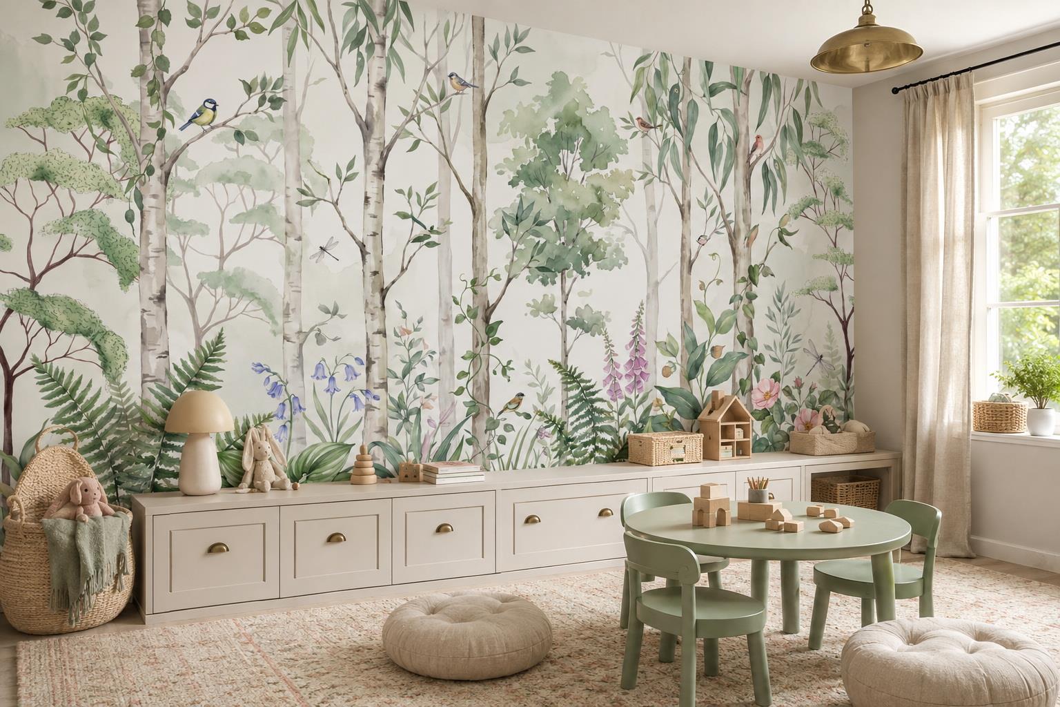Watercolour Birch Woodland With Birds Wallpaper Mural — Wallpaper Mural Design, Peel-and-stick Finish