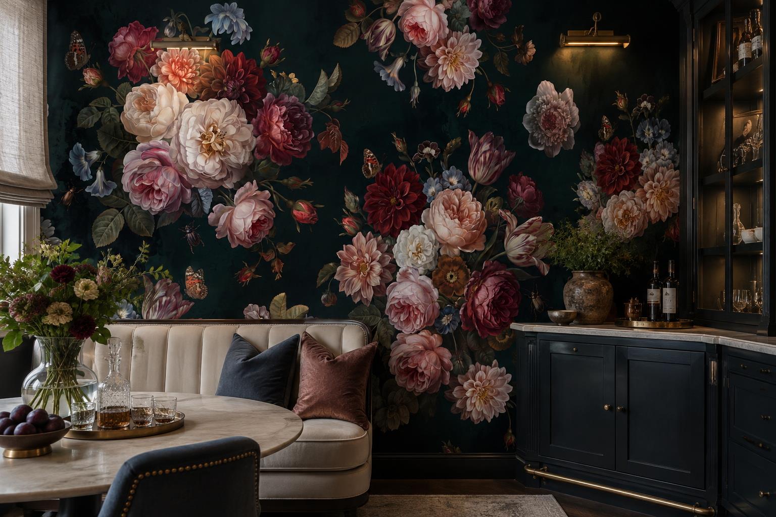Dark Garden Roses And Butterflies Wallpaper Mural — Wallpaper Mural Design, Peel-and-stick Finish