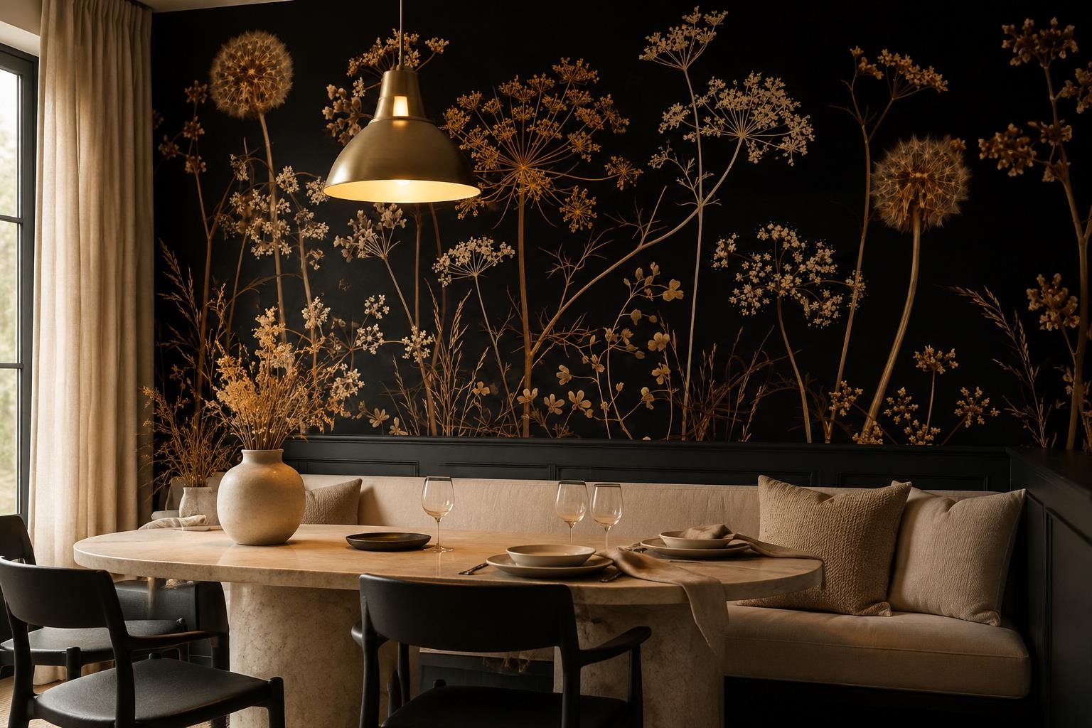 Tan And Neutral Abstract Forms Illustrated Detail Wallpaper Mural Dining-room-wallpaper-murals, Shown In A Dining Room, Peel-and-stick Finish