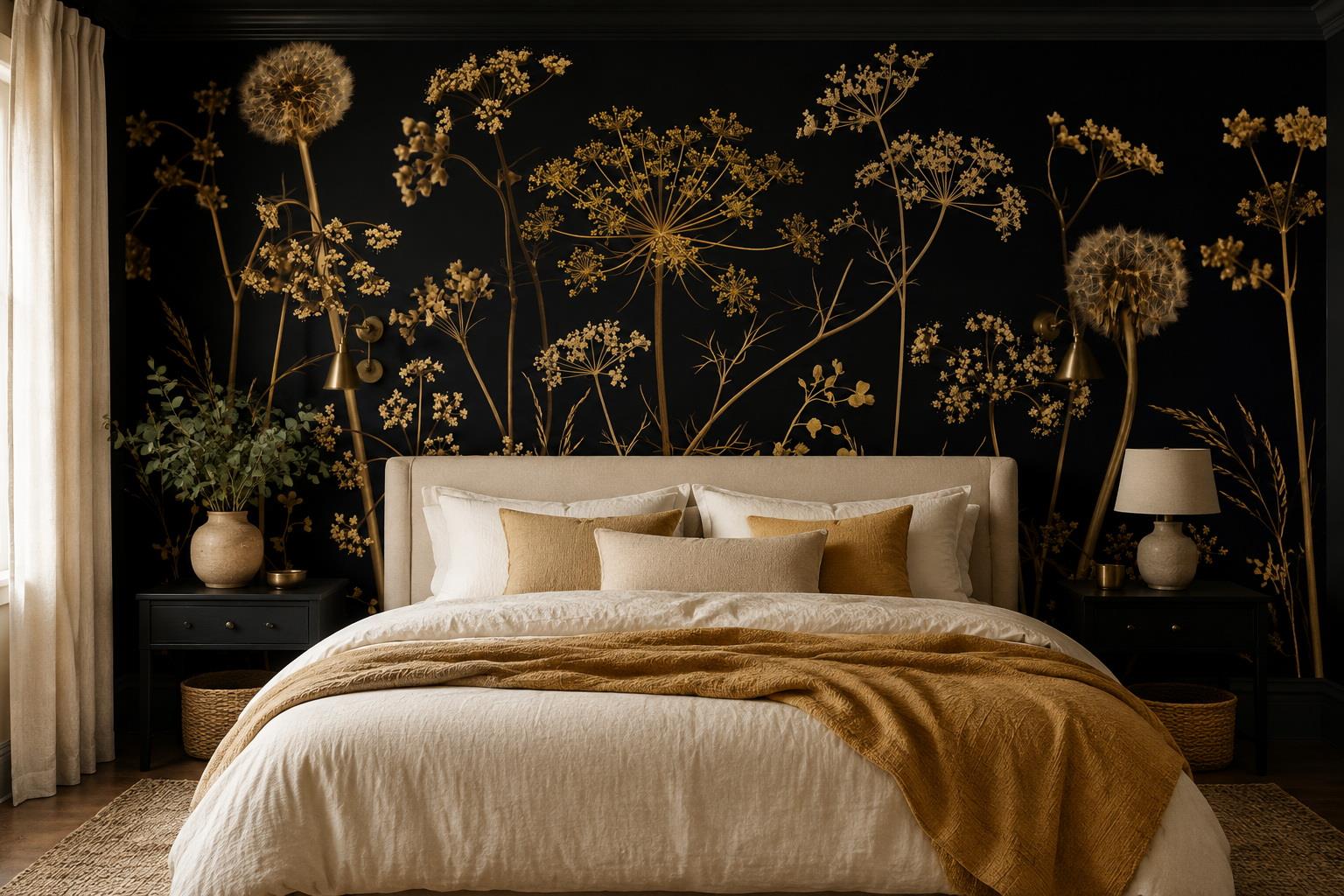 Golden Dried Wildflowers On Black Wallpaper Mural — Wallpaper Mural Design, Peel-and-stick Finish