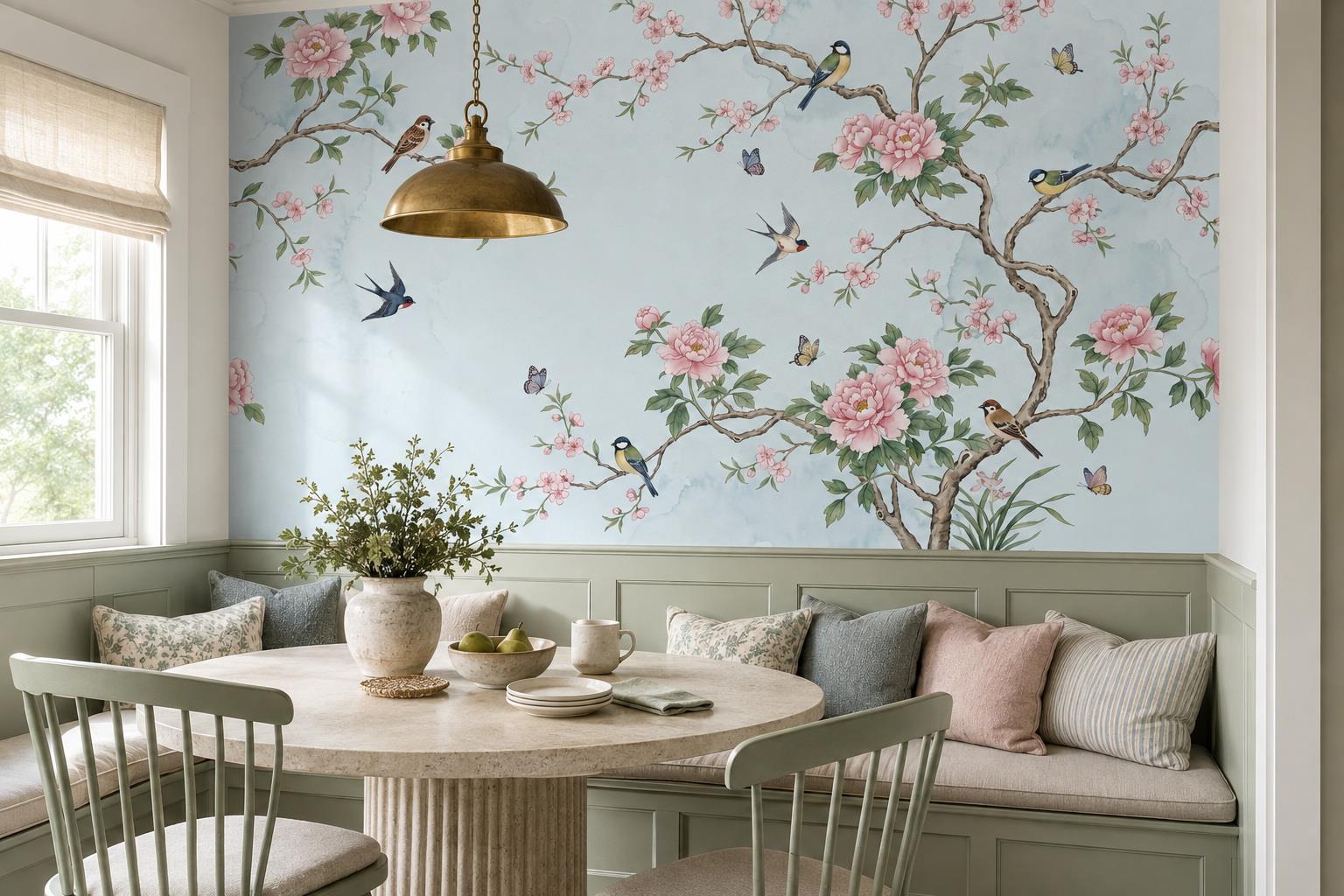 Pink Peonies, Cherry Blossoms And Birds Wallpaper Mural — Wallpaper Mural Design, Peel-and-stick Finish