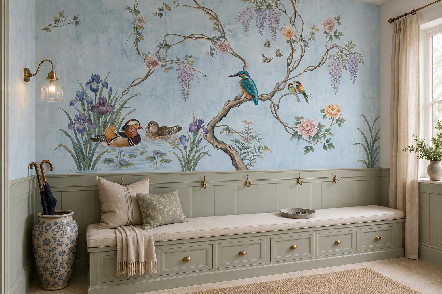 Kingfisher And Garden Birds With Wisteria Wallpaper Mural — Installed Wallpaper Mural In A Entryway, Peel-and-stick Finish