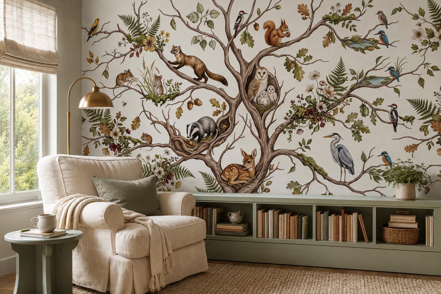 Woodland Animals And Birds In An Old Oak Wallpaper Mural — Wallpaper Mural Design, Peel-and-stick Finish