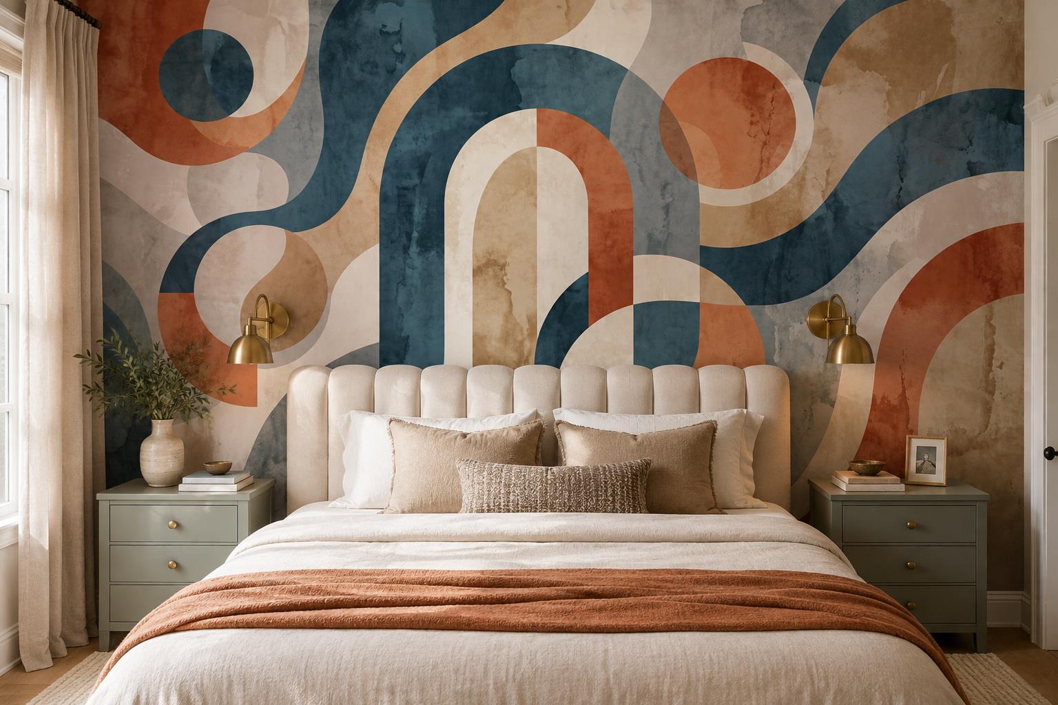 Tan And Neutral Abstract Forms Illustrated Expressive Wallpaper Mural Bedroom-wallpaper-murals, Peel-and-stick Finish