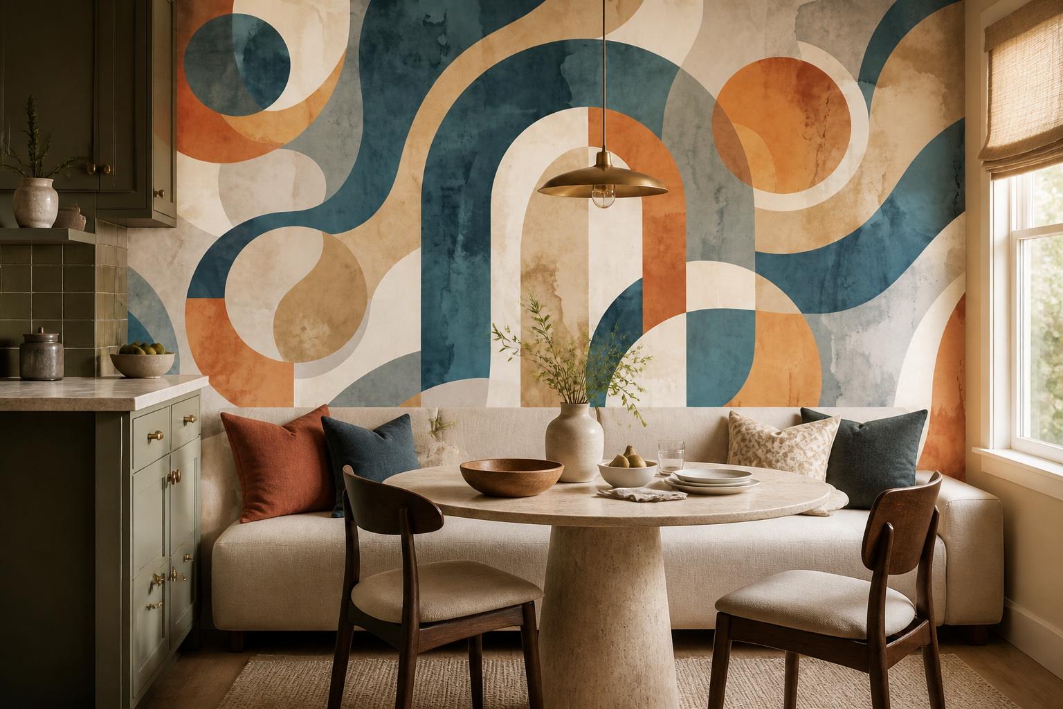 Tan And Neutral Abstract Forms Illustrated Expressive Wallpaper Mural Dining-room-wallpaper-murals, Shown In A Dining Room, Peel-and-stick Finish