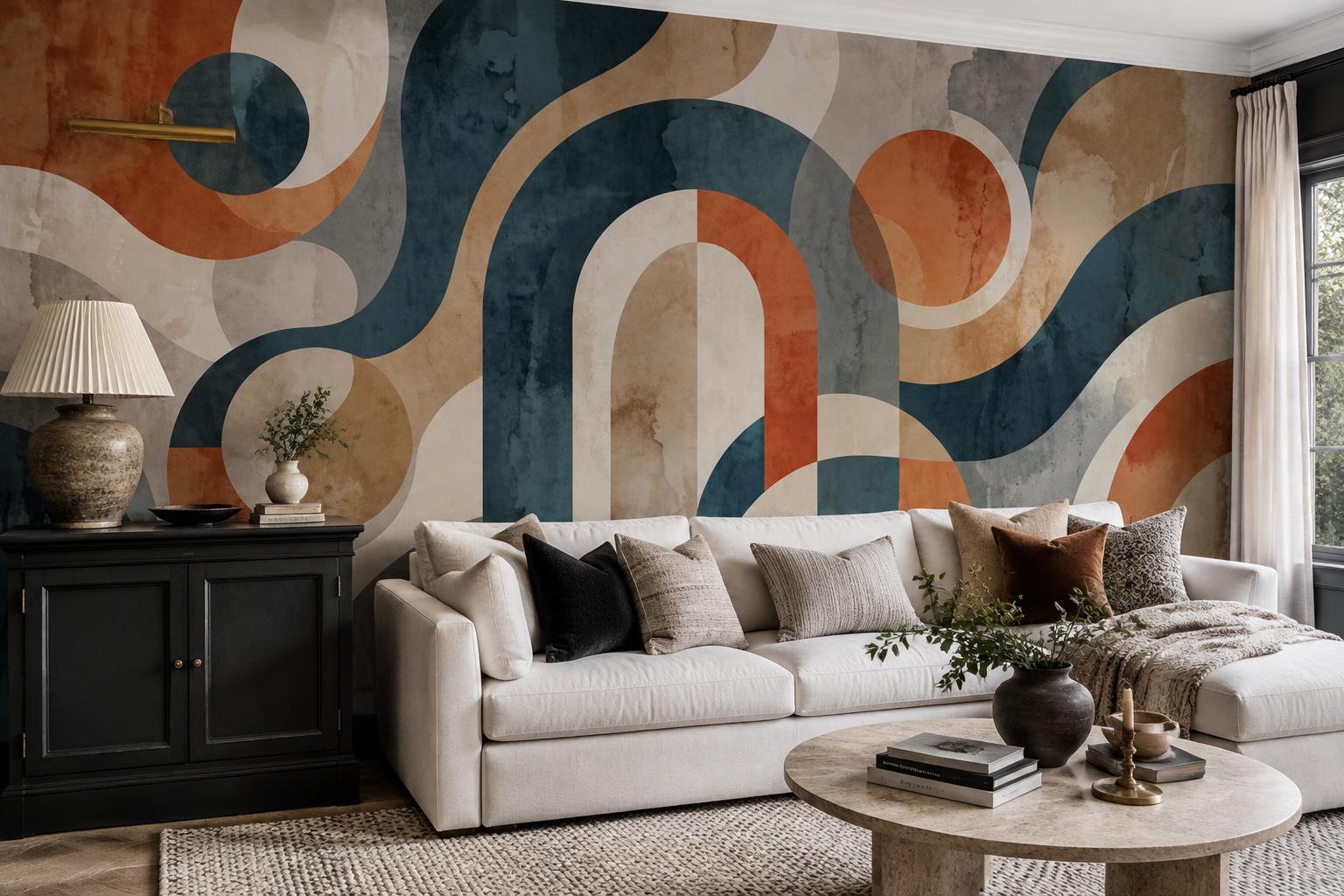 Terracotta And Teal Retro Arch Wallpaper Mural — Wallpaper Mural Design, Peel-and-stick Finish