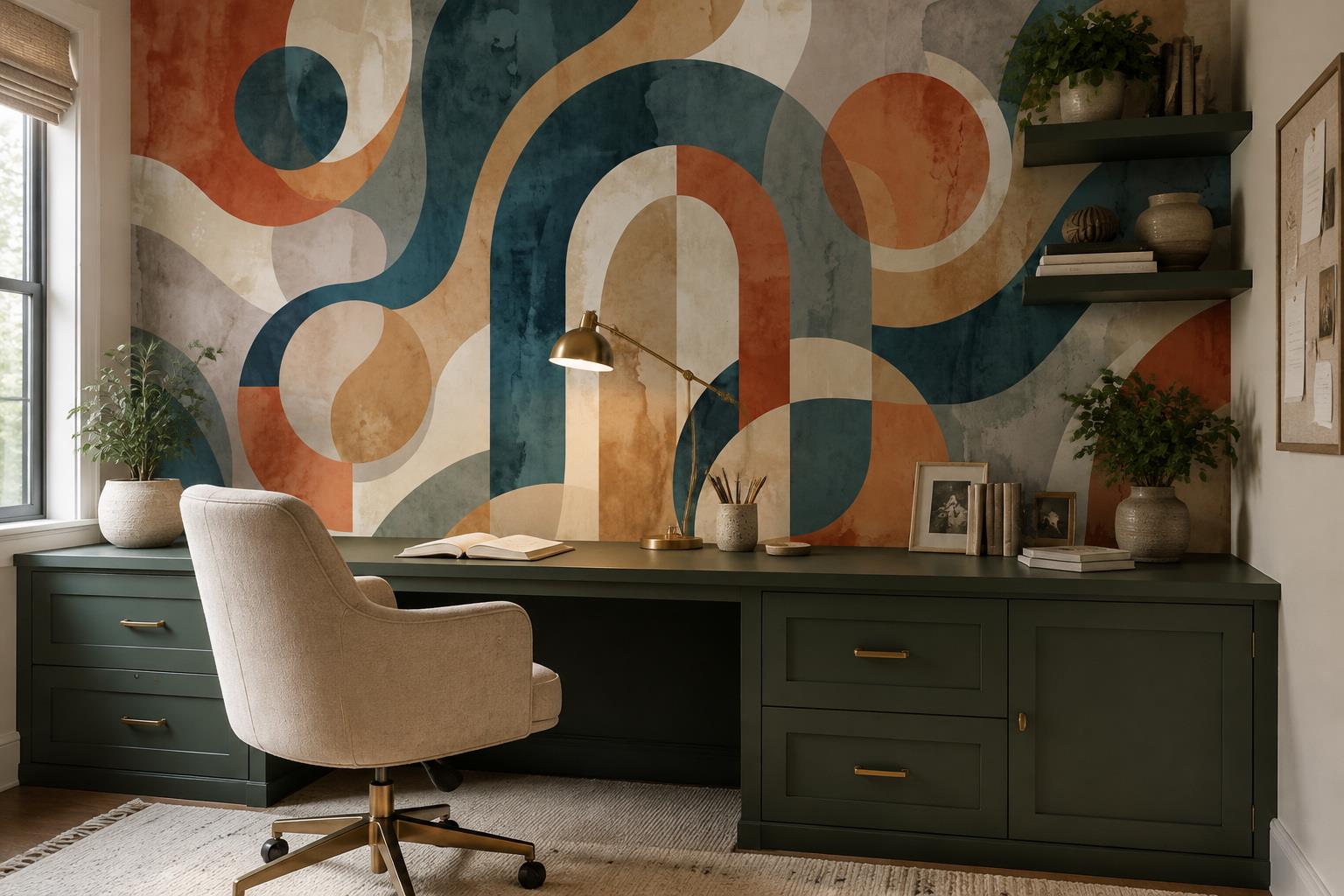 Tan And Neutral Abstract Forms Illustrated Expressive Wallpaper Mural Accent-wall-wallpaper-murals, Peel-and-stick Finish