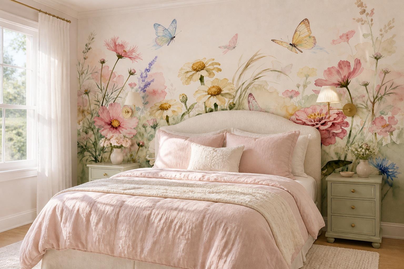 Pastel Wildflowers And Butterflies Wallpaper Mural — Installed Wallpaper Mural In A Bedroom, Peel-and-stick Finish