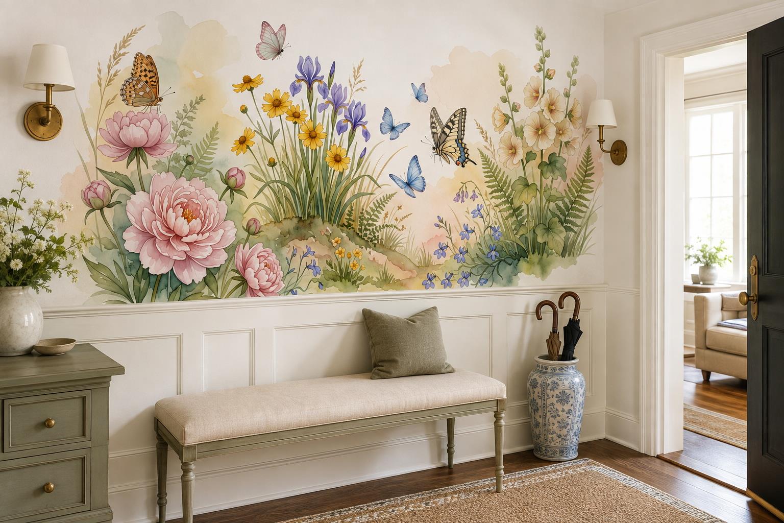 Tan And Neutral Abstract Forms Illustrated Soft Wallpaper Mural Entryway-wallpaper-murals, Peel-and-stick Finish
