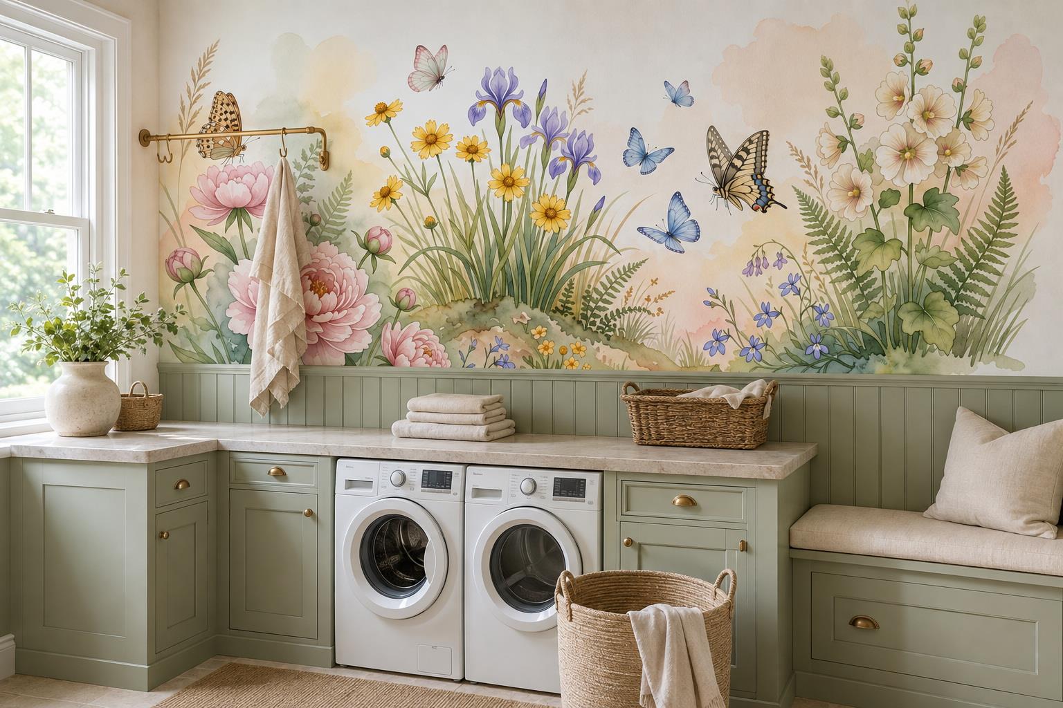 Peonies, Irises And Butterflies Meadow Wallpaper Mural — Wallpaper Mural Design, Peel-and-stick Finish