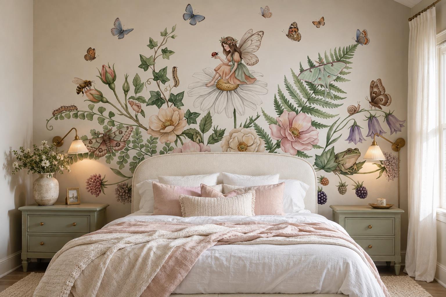 Fairy Resting On A Daisy With Butterflies Wallpaper Mural — Wallpaper Mural Design, Peel-and-stick Finish