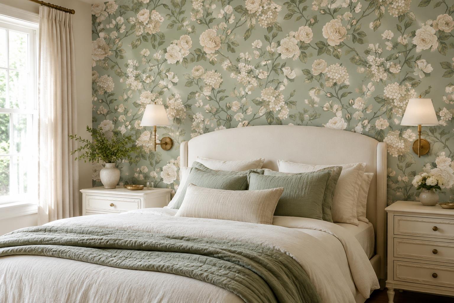 Ivory Roses And Garden Blooms On Sage Green Wallpaper Mural — Installed Wallpaper Mural In A Bedroom, Peel-and-stick Finish