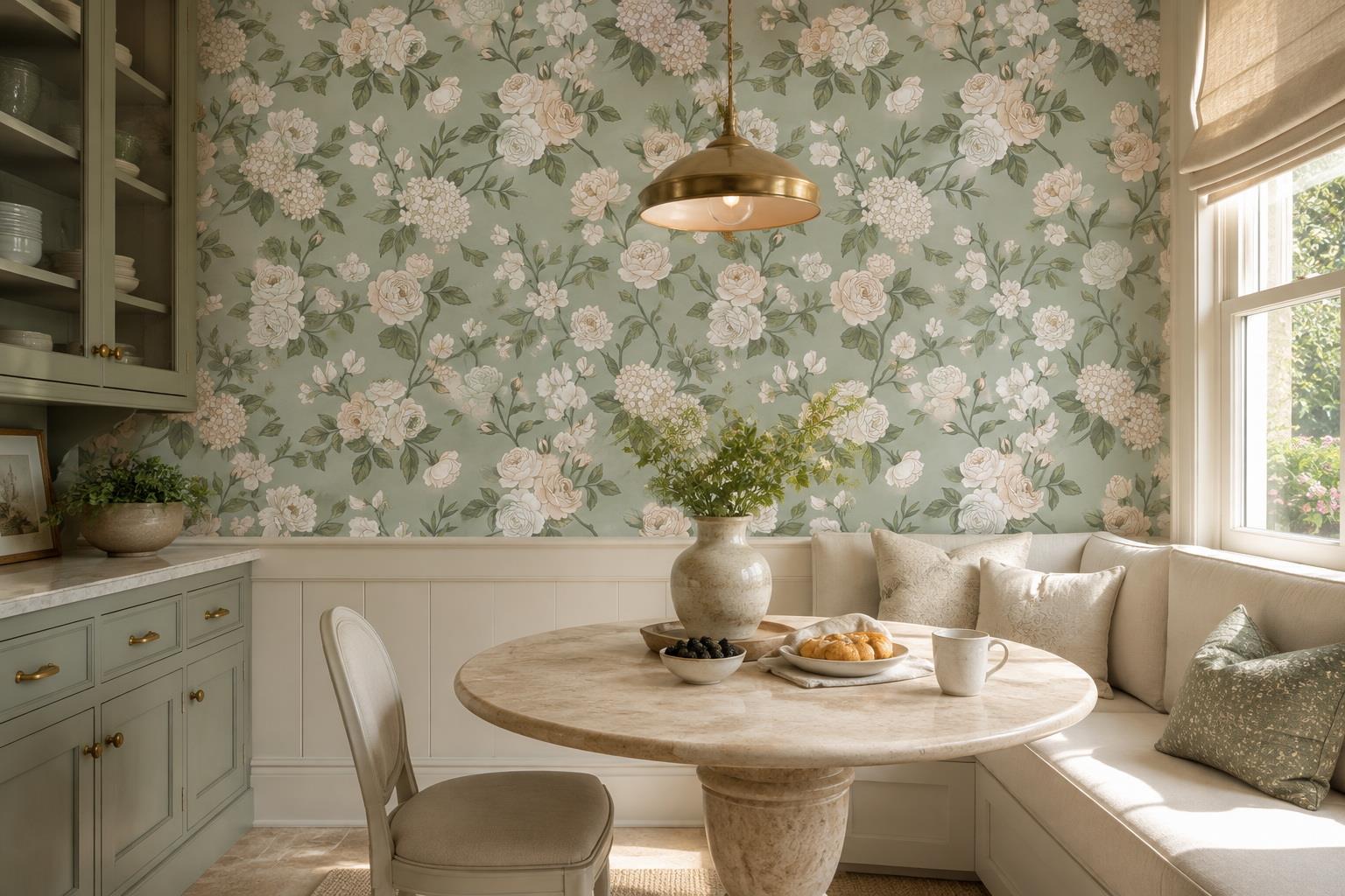 Tan And Neutral Abstract Forms Illustrated Gentle Wallpaper Mural Dining-room-wallpaper-murals, Shown In A Dining Room, Peel-and-stick Finish