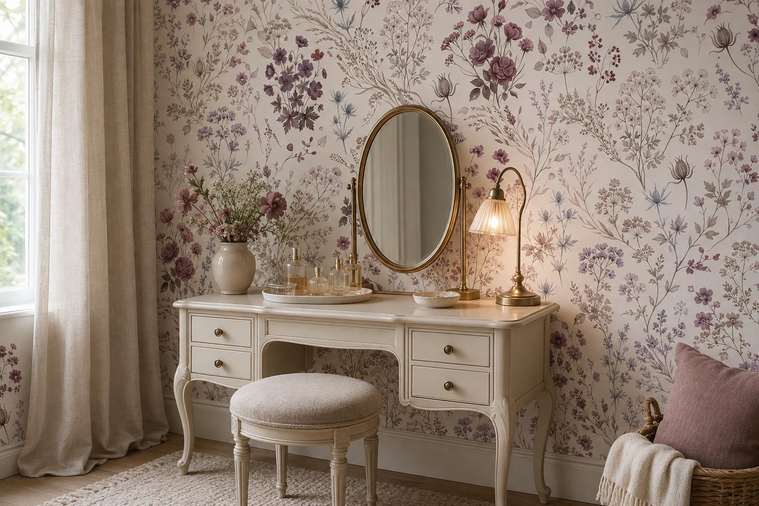 Blush Wildflower Meadow With Blue Thistles Wallpaper Mural — Wallpaper Mural Design, Peel-and-stick Finish
