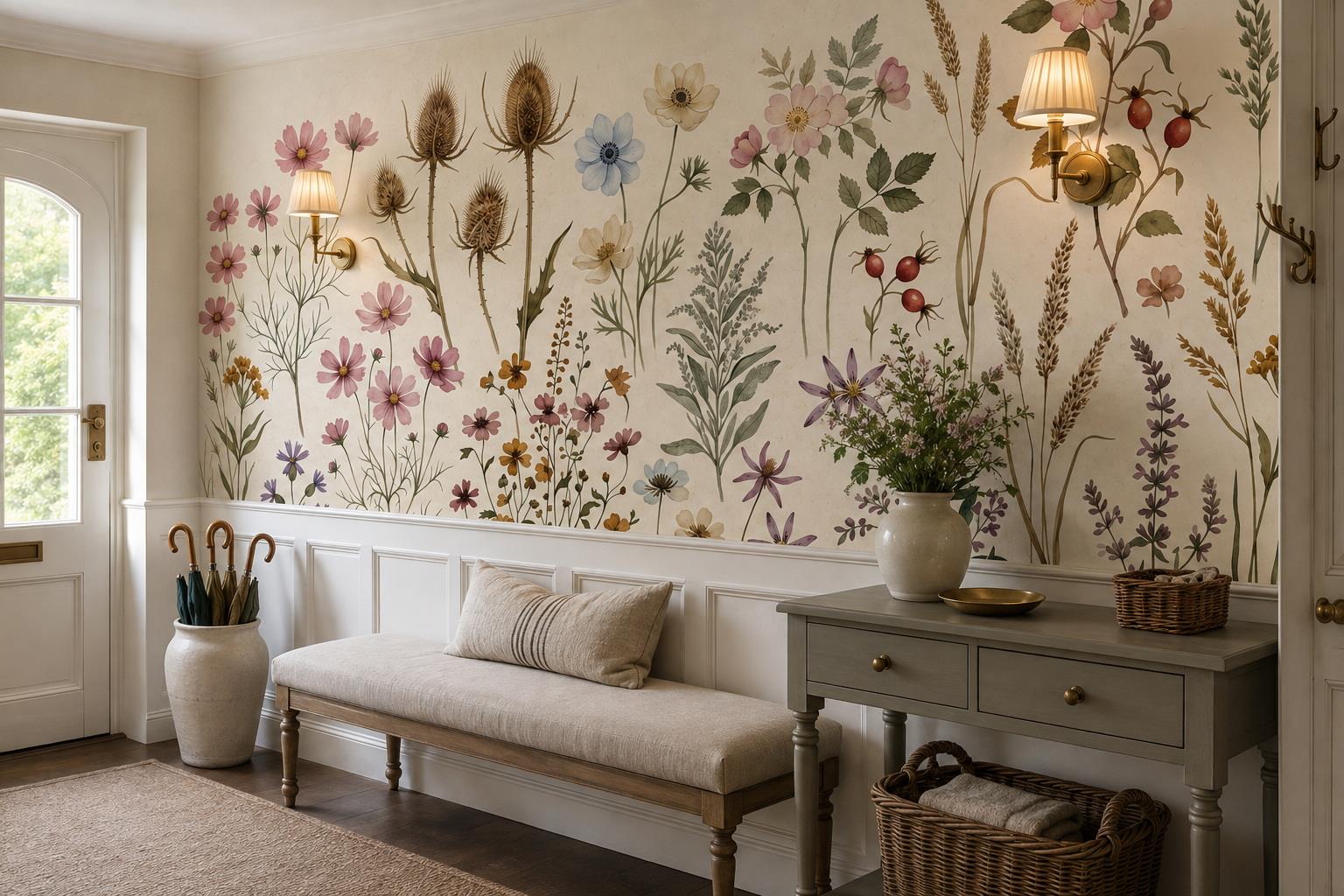 Watercolour Botanical Garden With Pink Cosmos Wallpaper Mural — Installed Wallpaper Mural In A Entryway, Peel-and-stick Finish