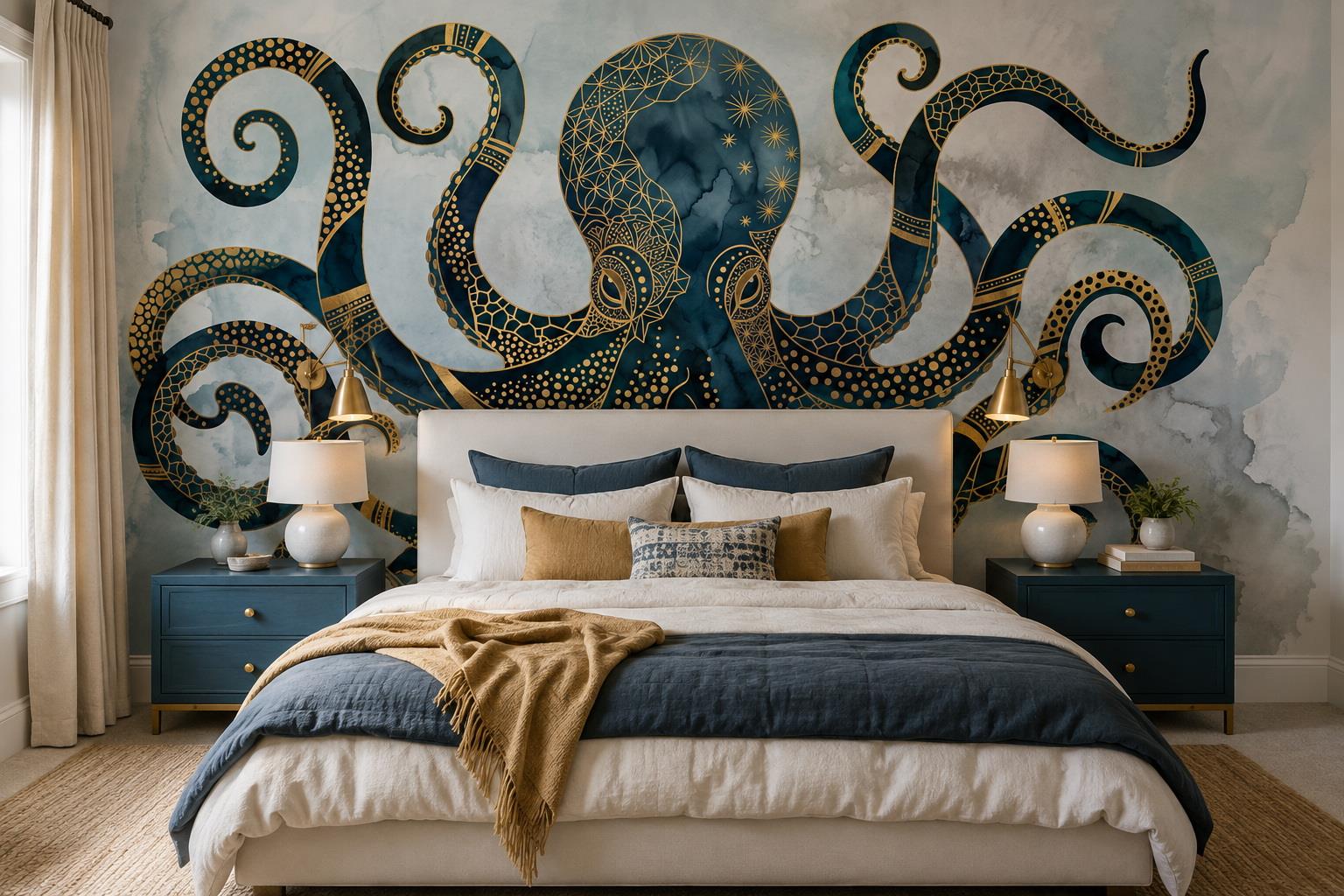 Tan And Neutral Abstract Forms Linear Painterly Wallpaper Mural Bedroom-wallpaper-murals, Peel-and-stick Finish