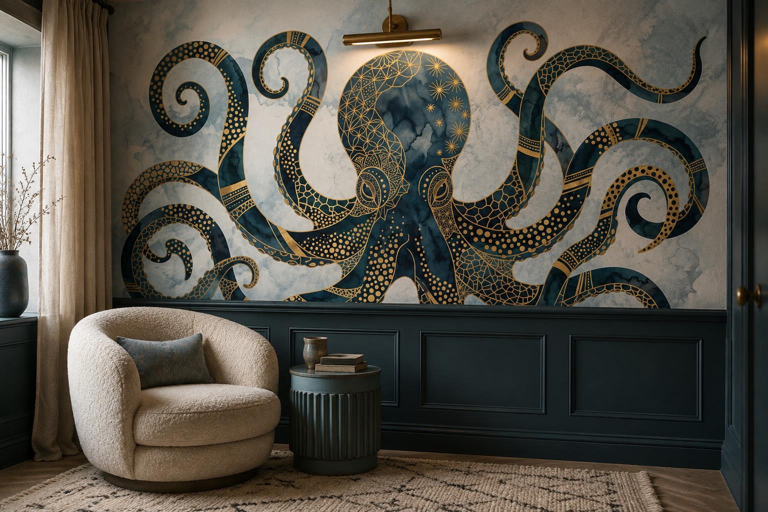 Dark Blue Octopus With Gold Geometric Details Wallpaper Mural — Close-up Wallpaper Surface Detail, Peel-and-stick Finish