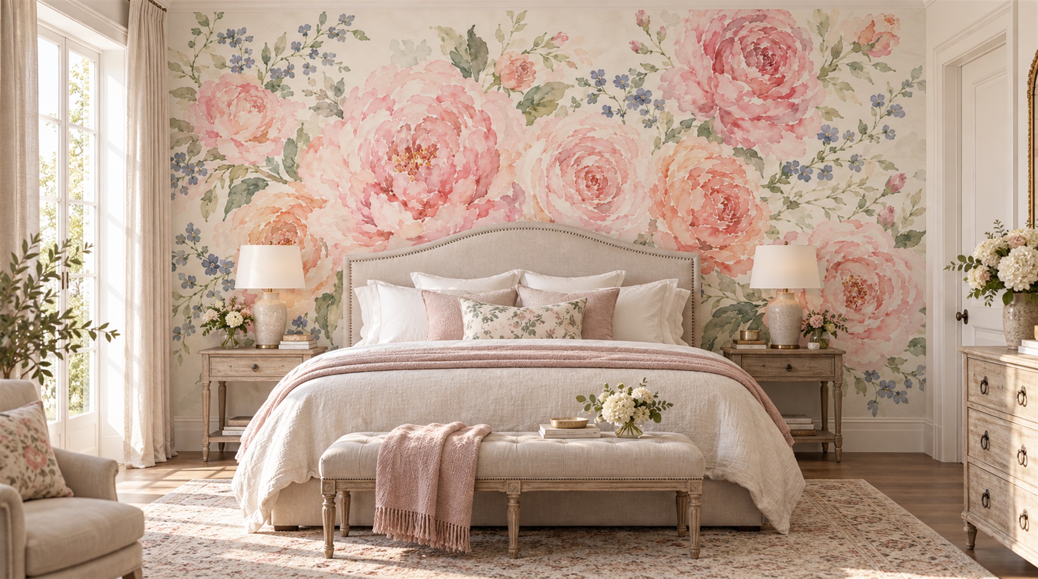 Red And Pink Decorative Patterning Wallpaper Mural Bedroom-wallpaper-murals, Peel-and-stick Finish