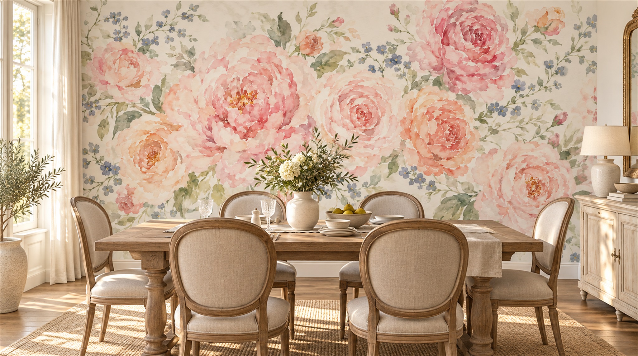 Red And Pink Decorative Patterning Wallpaper Mural Dining-room-wallpaper-murals, Shown In A Dining Room, Peel-and-stick Finish
