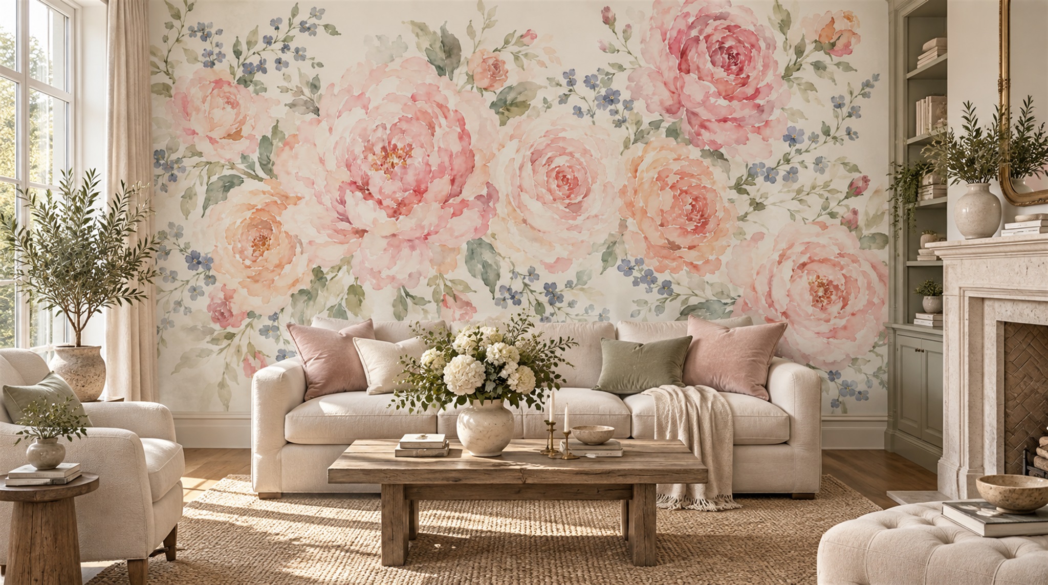 Red And Pink Decorative Patterning Wallpaper Mural Living-room-wallpaper-murals, Shown In A Living Room, Peel-and-stick Finish