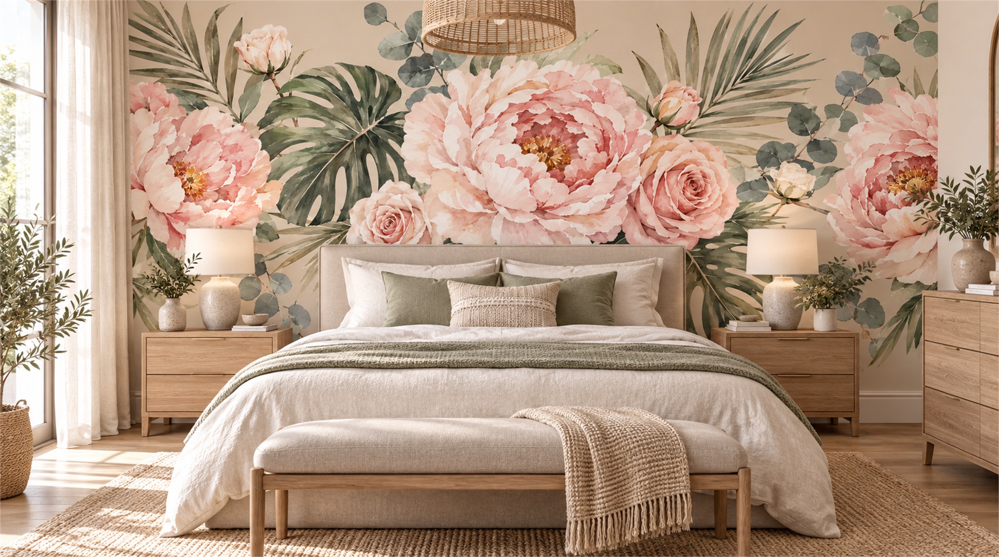 Red And Sage Green Decorative Patterning Wallpaper Mural Bedroom-wallpaper-murals, Peel-and-stick Finish