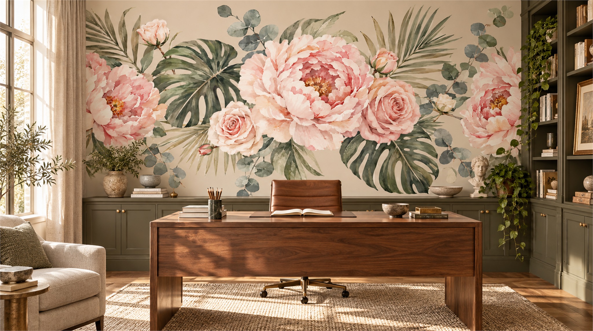 Red And Sage Green Decorative Patterning Wallpaper Mural Library-wallpaper-murals, Peel-and-stick Finish