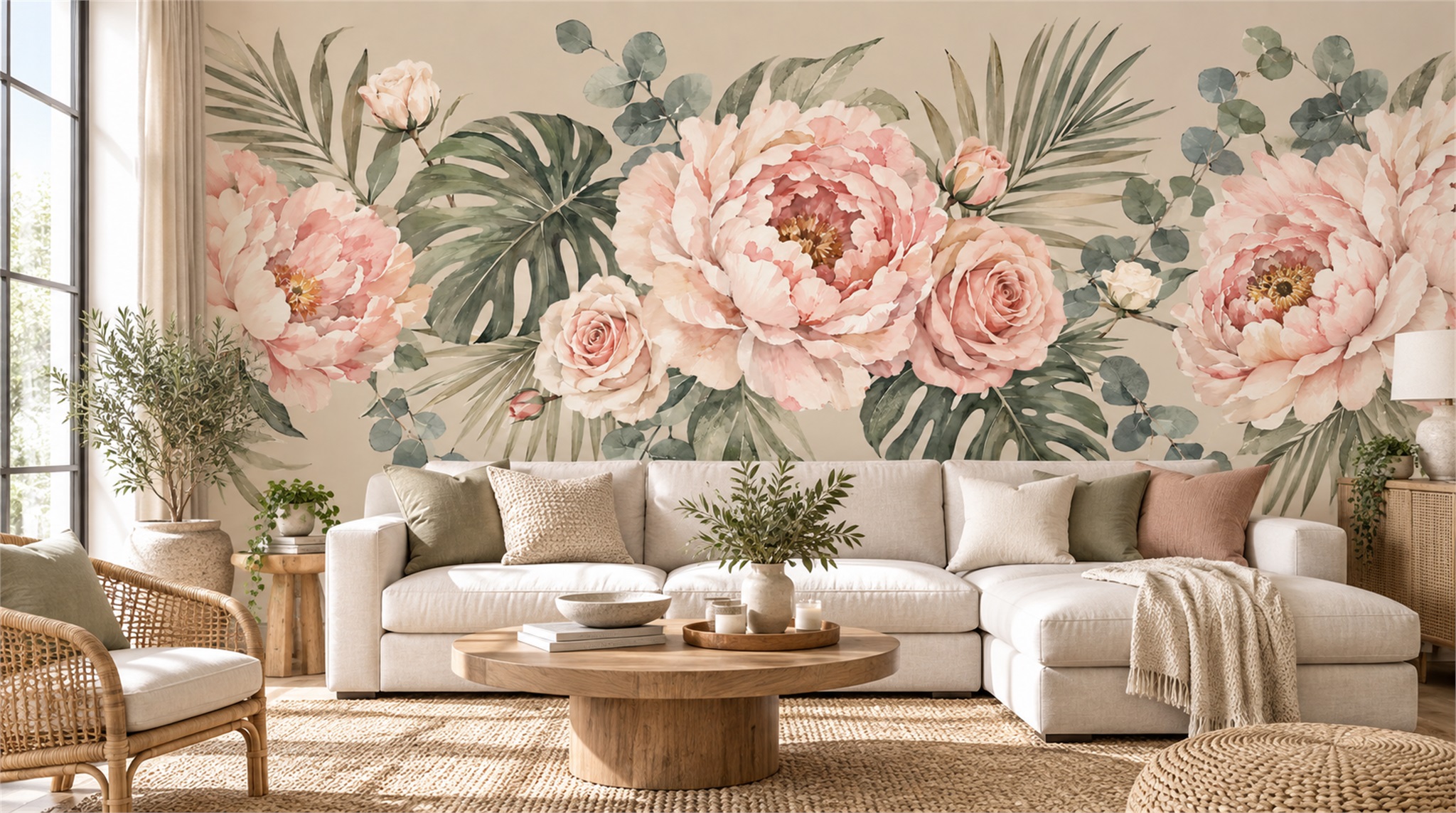 Red And Sage Green Decorative Patterning Wallpaper Mural Living-room-wallpaper-murals, Peel-and-stick Finish
