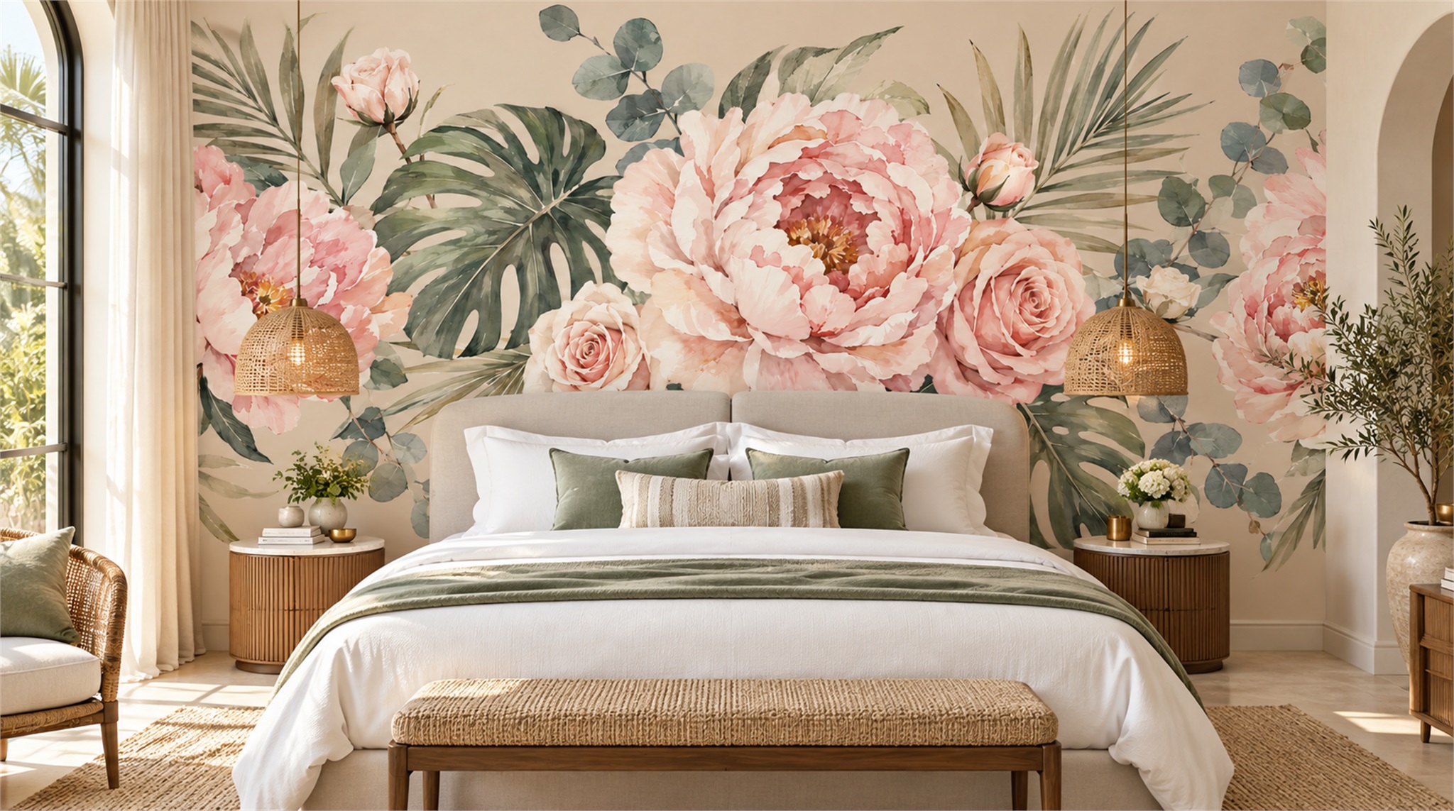 Red And Sage Green Decorative Patterning Wallpaper Mural Feature-wall-wallpaper-murals, Peel-and-stick Finish